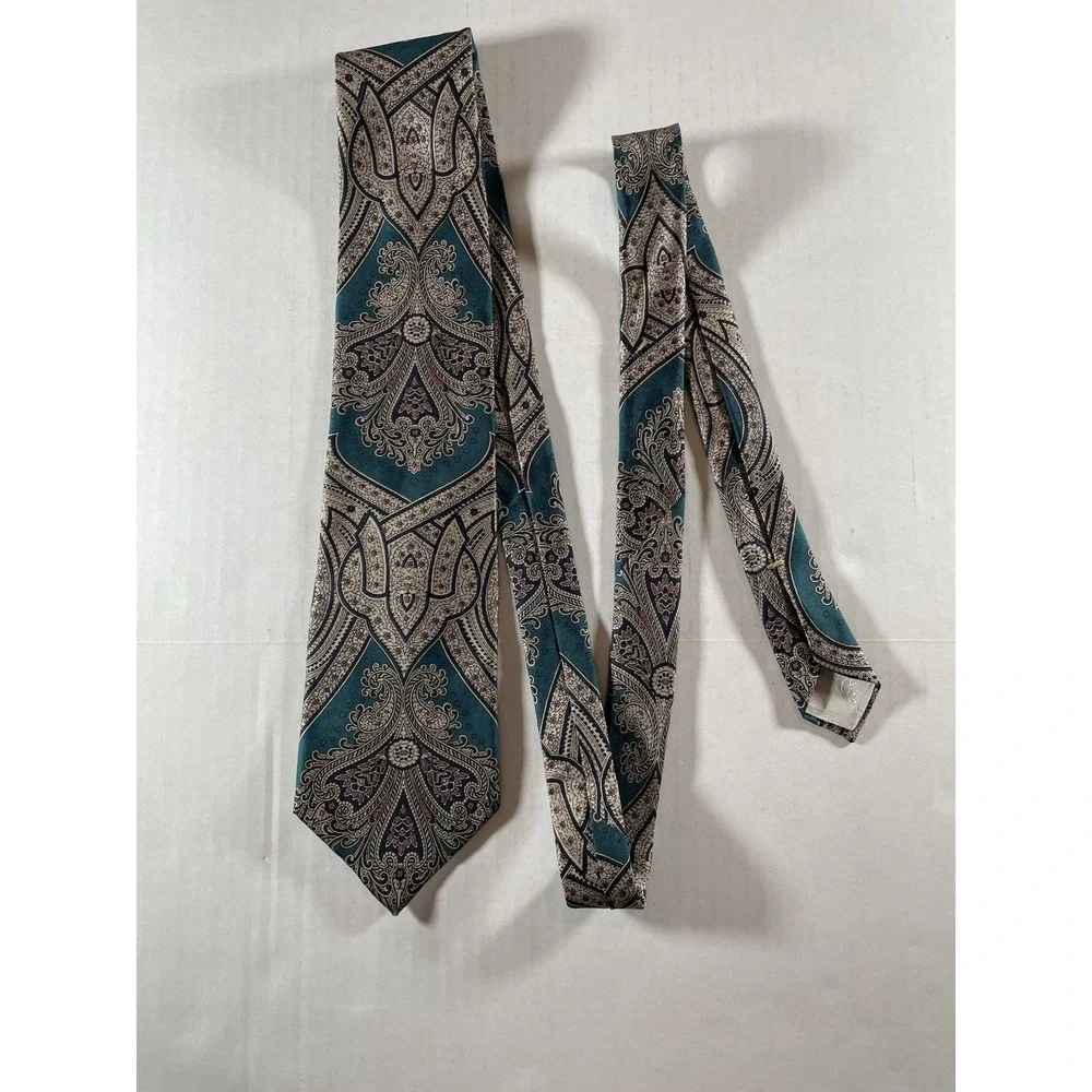 Vintage Oscar‎ de la Renta Couture Men's Silk Tie - Green & Navy Paisley Pattern